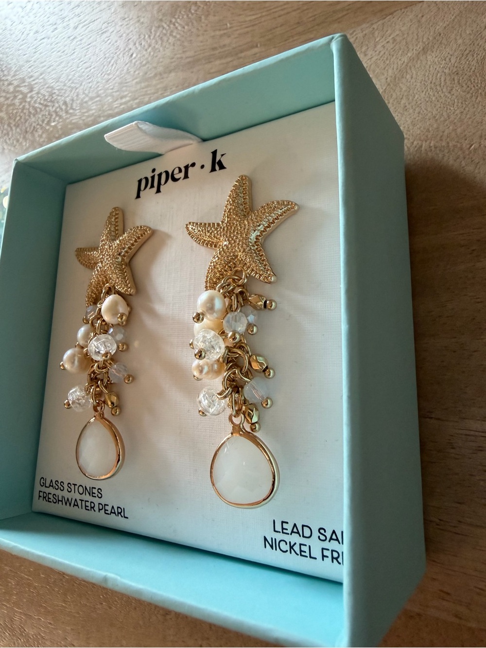 piper·k Gold Starfish Pearl Drop Earrings - Gold and White - Picture 2 of 8